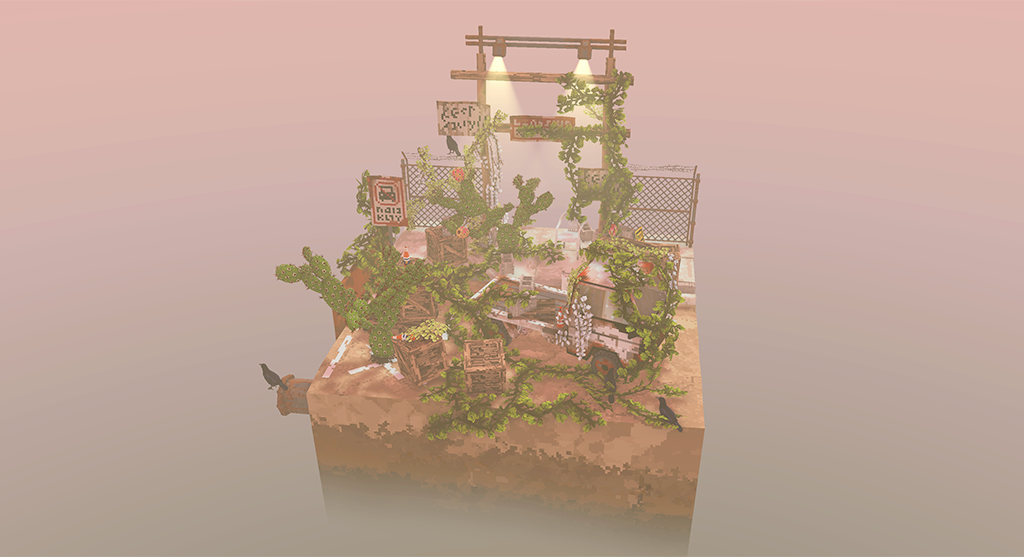 Small diorama covered in vines and cactus