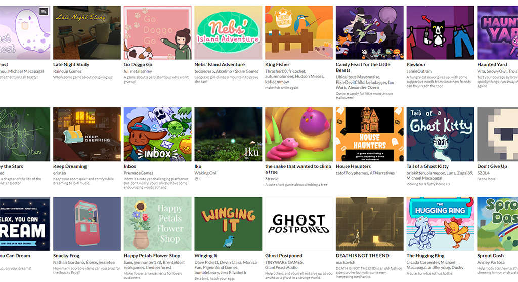 A selection of games submitted to the Wholesome Games Jam