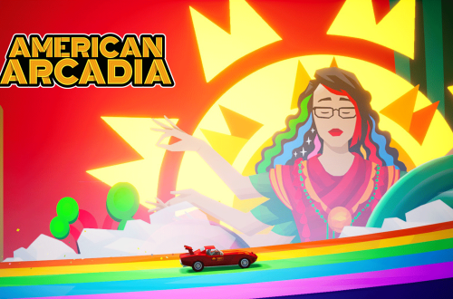 A screenshot from American Arcadia. A man drives across a rainbow road with a goddess in the background