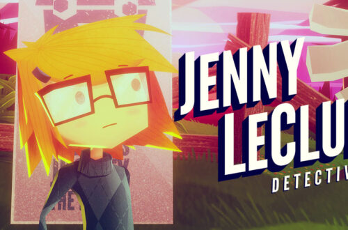 Jenny LeClue looking at the game logo