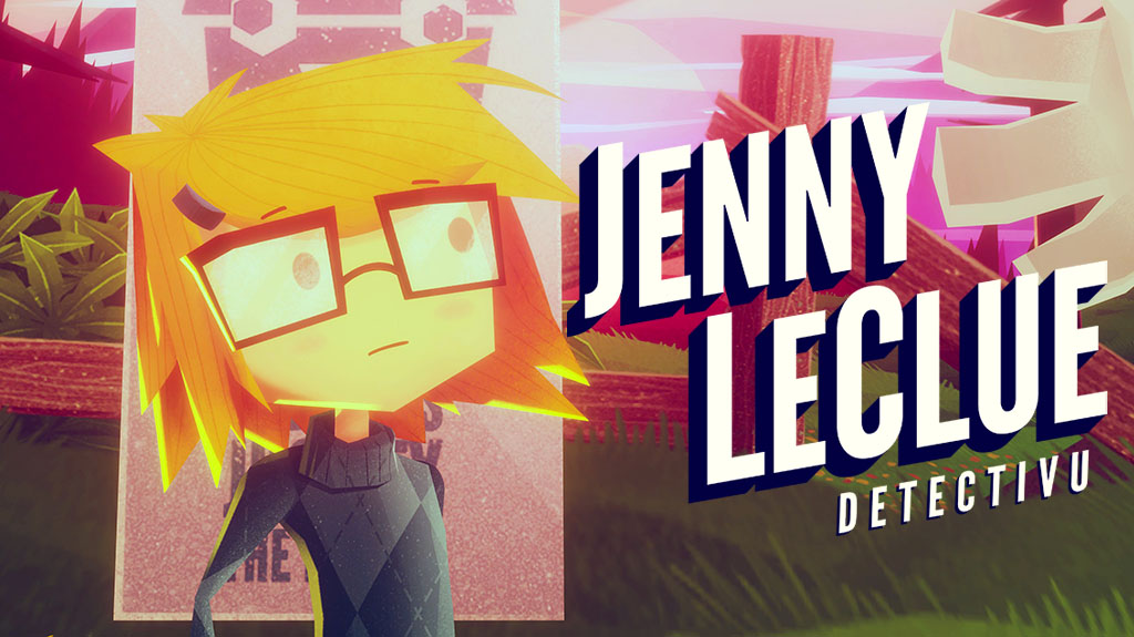 Jenny LeClue looking at the game logo