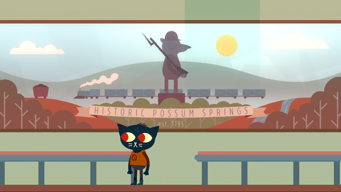 Night in the Woods - Mae stands in front of a Possum Springs mural