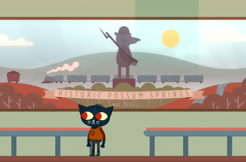 Night in the Woods - Mae stands in front of a Possum Springs mural