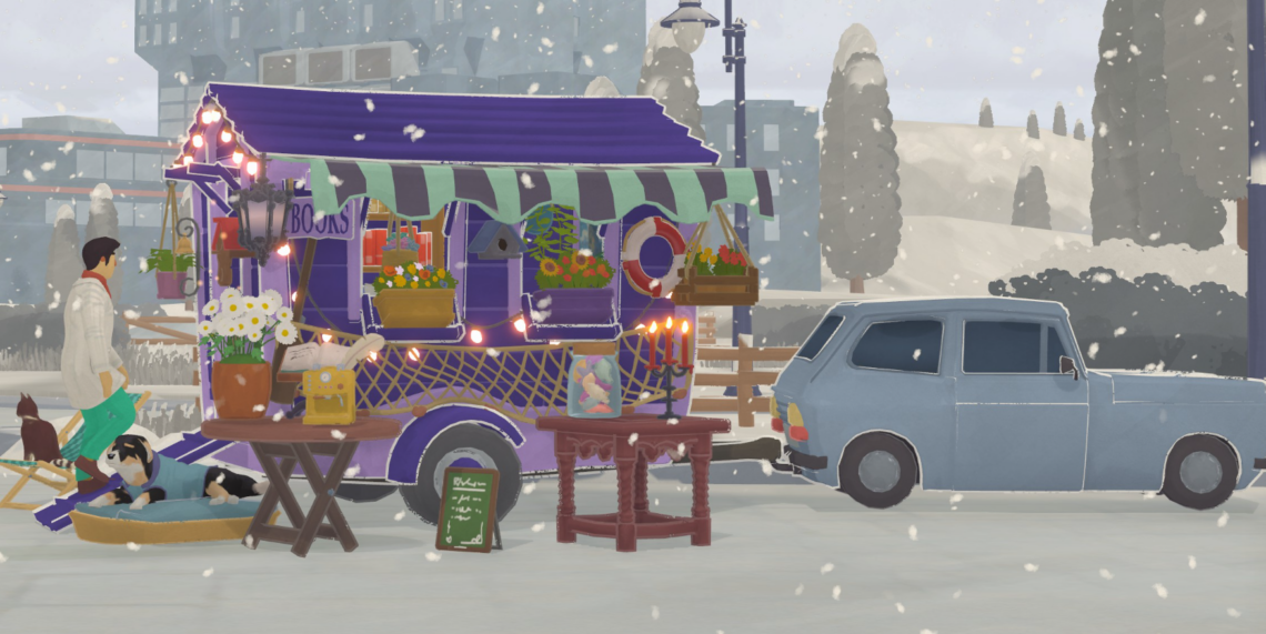 A cozy travelling bookshop on a snowy day