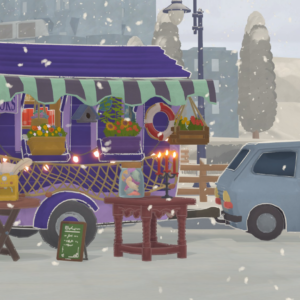 A cozy travelling bookshop on a snowy day