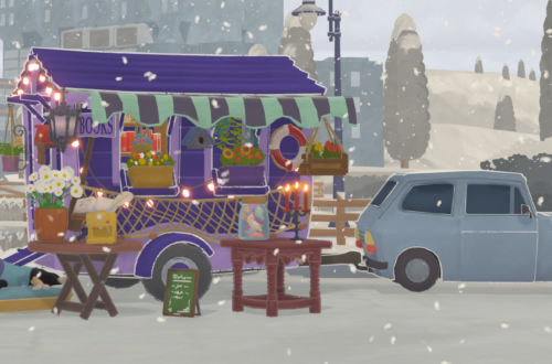 A cozy travelling bookshop on a snowy day